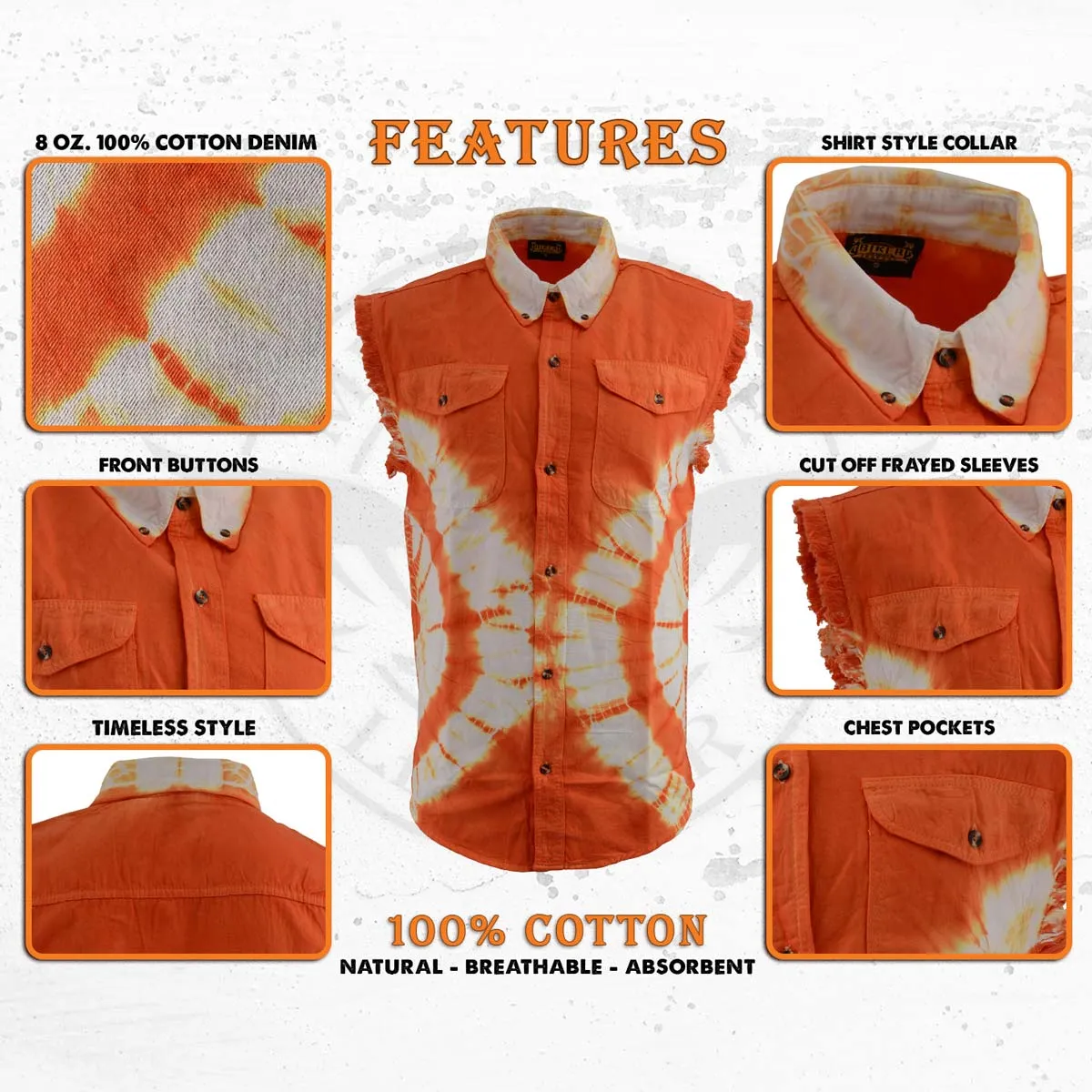 Biker Clothing Co. MDM11680 Men's Classic Orange and White Tie-Dye Button-Down Frayed Sleeveless Cut Off Shirt