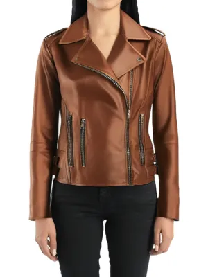 Biker Lapel Style Brown Leather Jacket