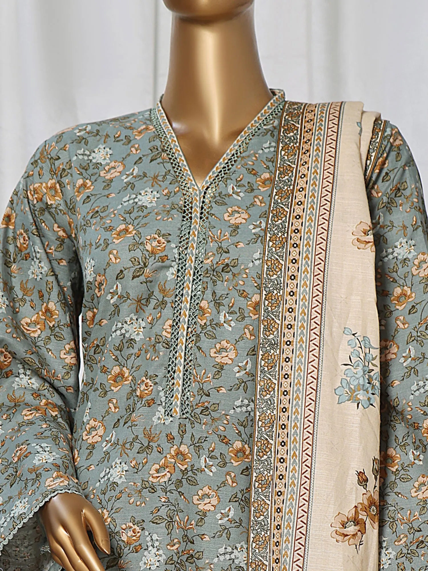 Bin Saeed Khaddar Green-Blue Printed 3-Piece Suit