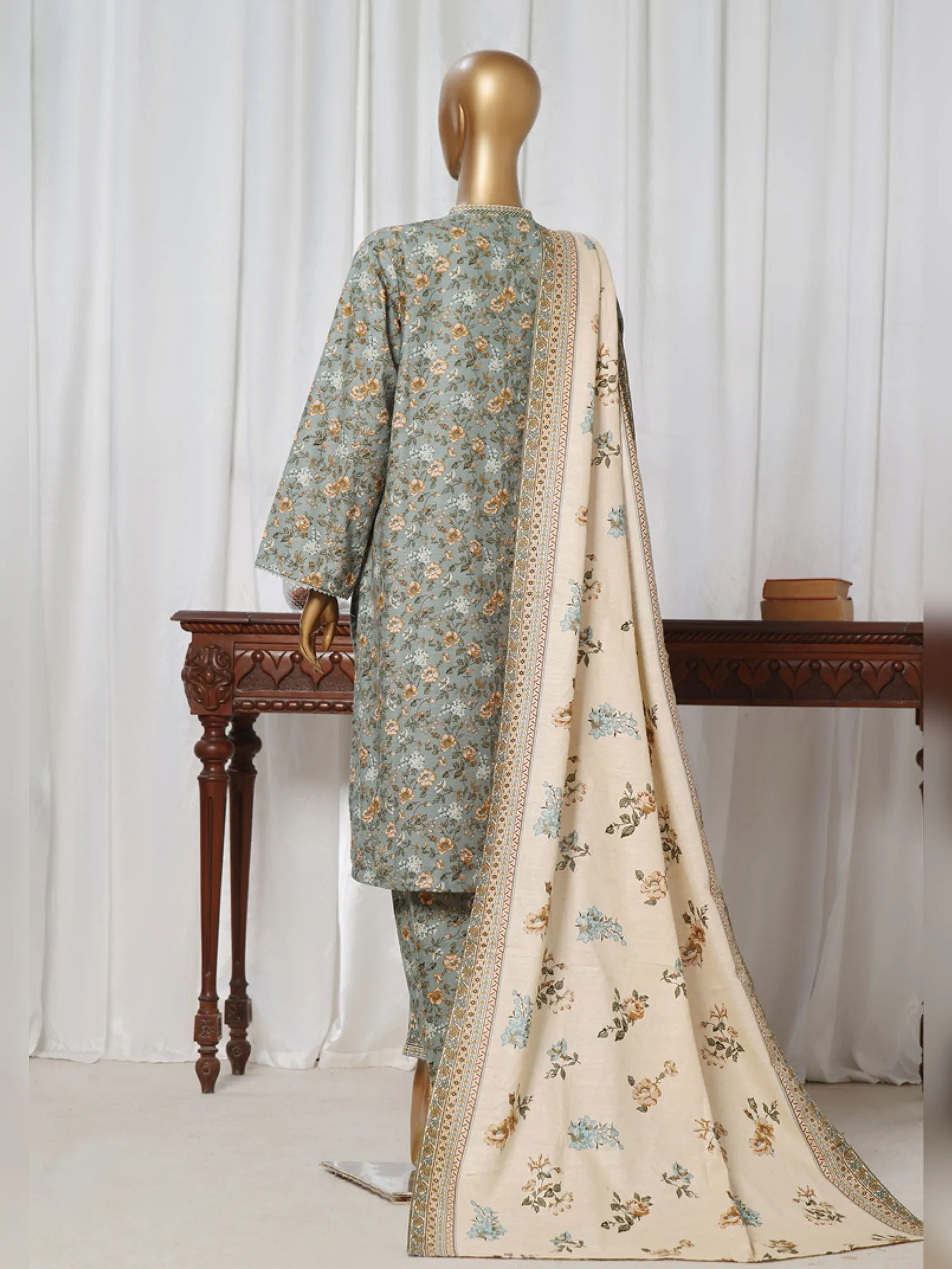 Bin Saeed Khaddar Green-Blue Printed 3-Piece Suit