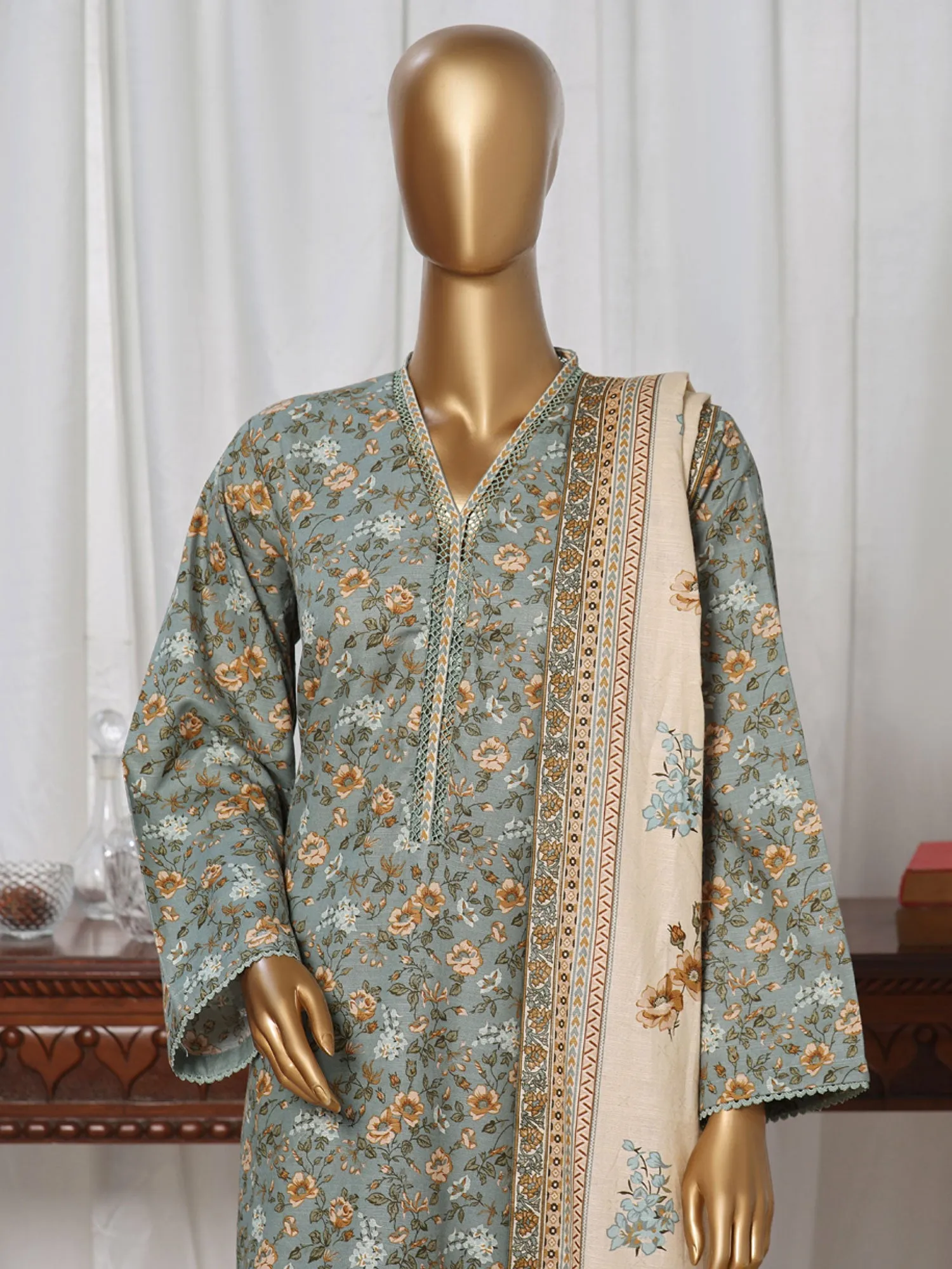 Bin Saeed Khaddar Green-Blue Printed 3-Piece Suit