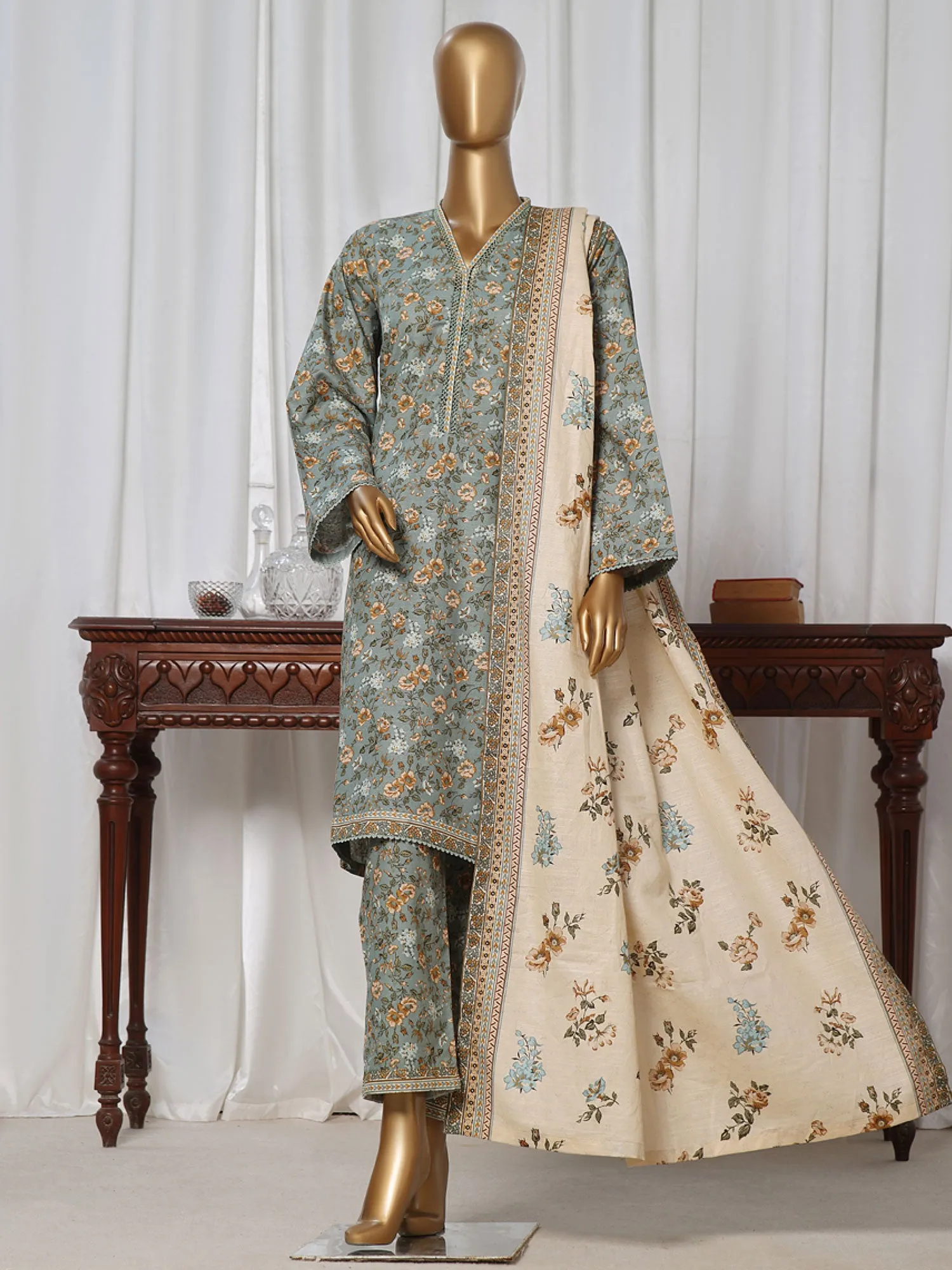 Bin Saeed Khaddar Green-Blue Printed 3-Piece Suit