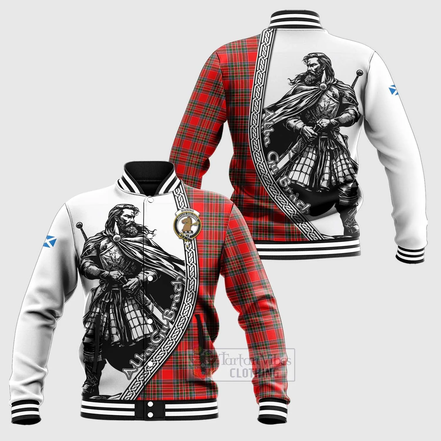 Binning Tartan Clan Crest Baseball Jacket with Highlander Warrior Celtic Style