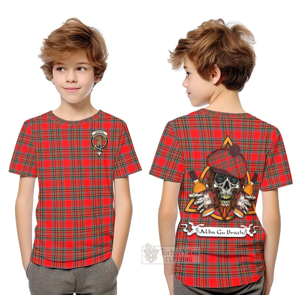 Binning Tartan Kid T-Shirt with Family Crest and Bearded Skull Holding Bottles of Whiskey