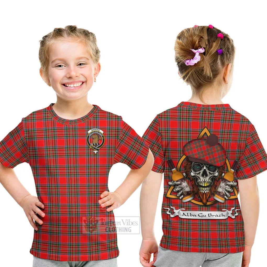 Binning Tartan Kid T-Shirt with Family Crest and Bearded Skull Holding Bottles of Whiskey