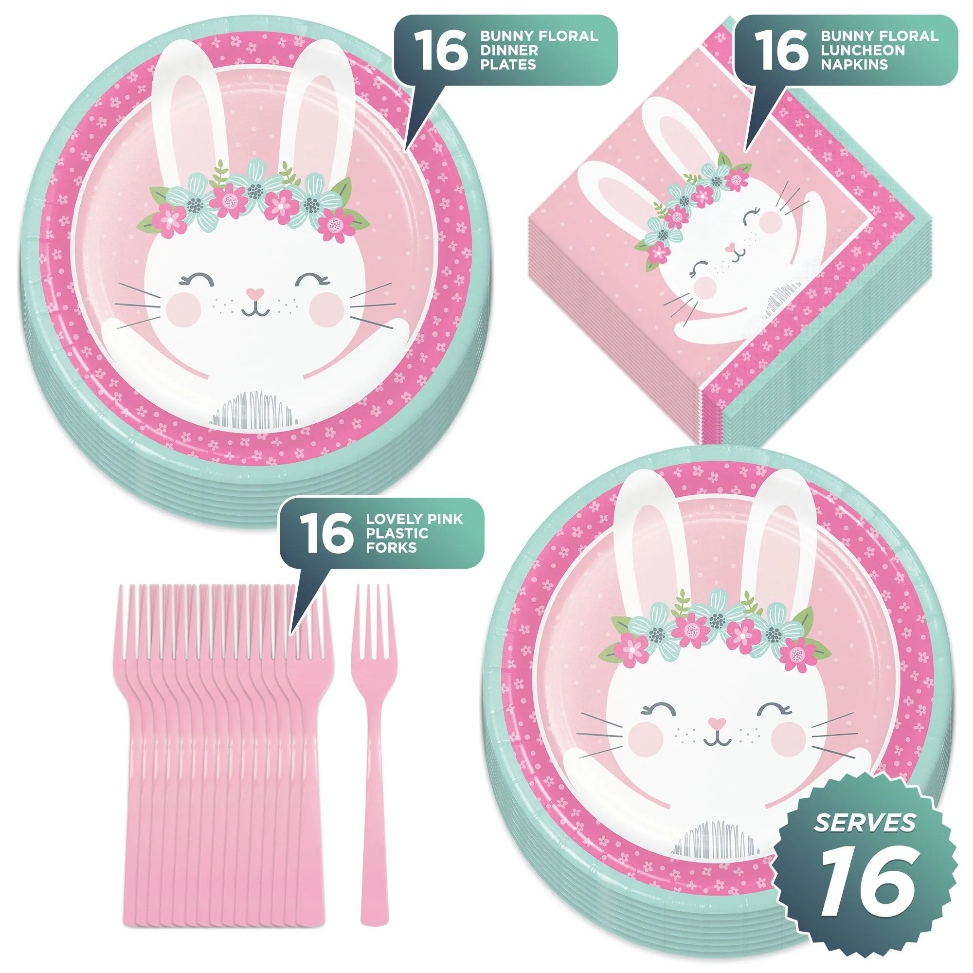 Birthday Bunny Pink Floral Boho Paper Dinner Plates and Luncheon Napkins (Serves 16)