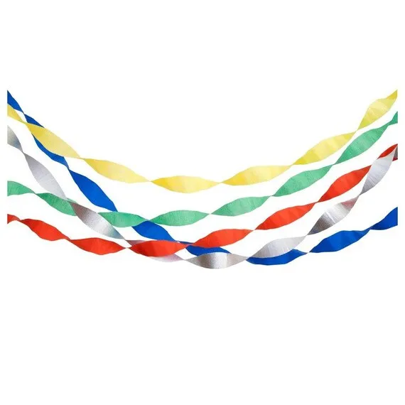 Birthday Crepe Paper Streamers, Set of 5 Rolls of Red, Yellow, Silver, Green and Blue streamers, Great for a Rainbow Themed Birthday!