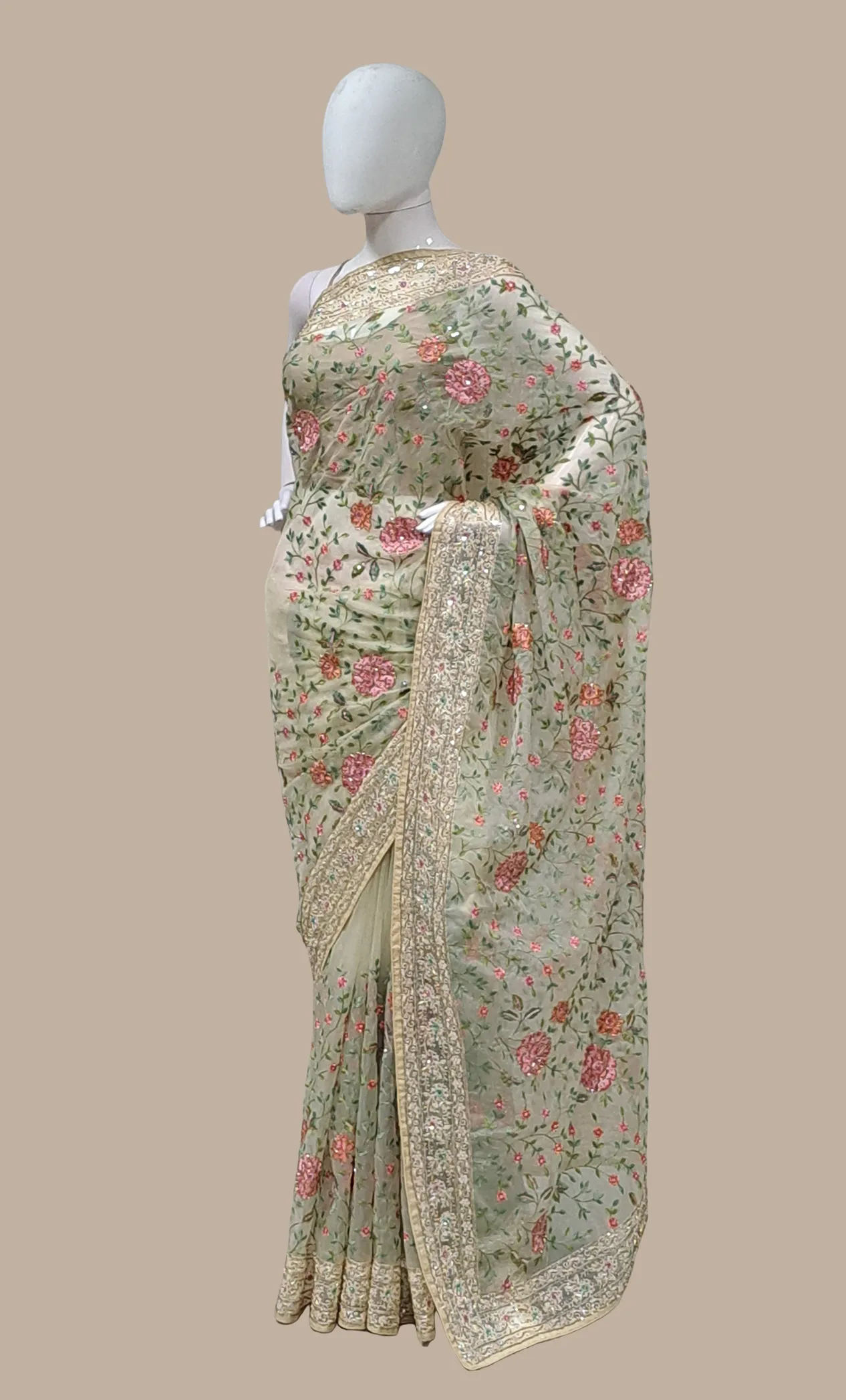 Biscuit Embroidered Sari