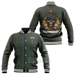 Bisset Tartan Baseball Jacket with Family Crest and Bearded Skull Holding Bottles of Whiskey