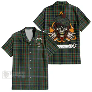 Bisset Tartan Short Sleeve Button Shirt with Family Crest and Bearded Skull Holding Bottles of Whiskey