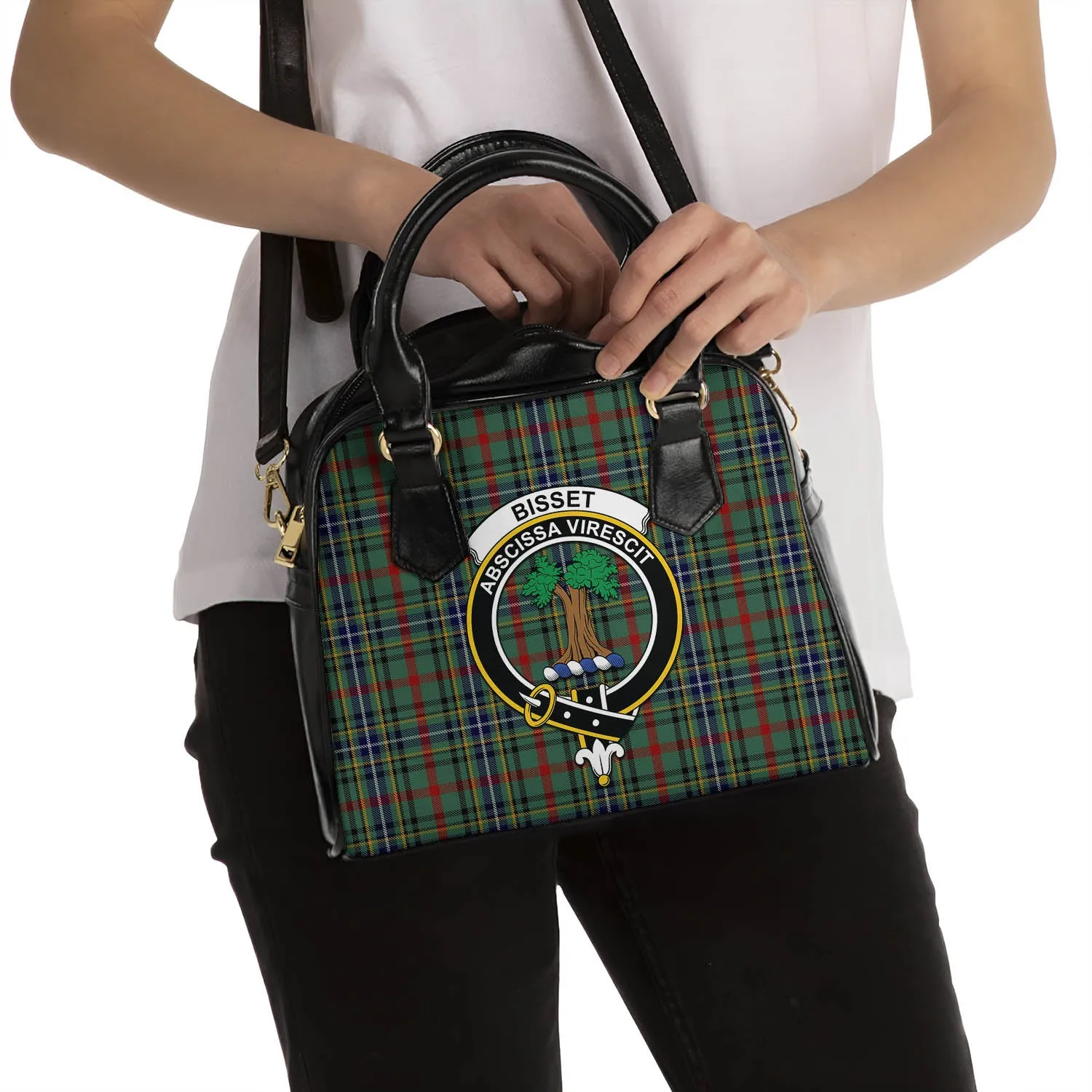 Bisset Tartan Shoulder Handbags with Family Crest