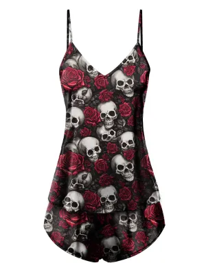 Black 1970s Rose Skull Spaghetti Straps Pajamas