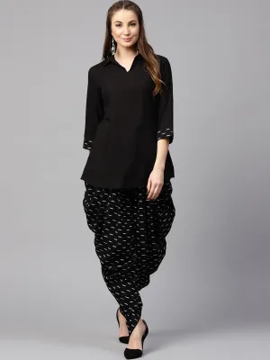 Black 3/4th sleeve cotton shirt with black printed dhoti