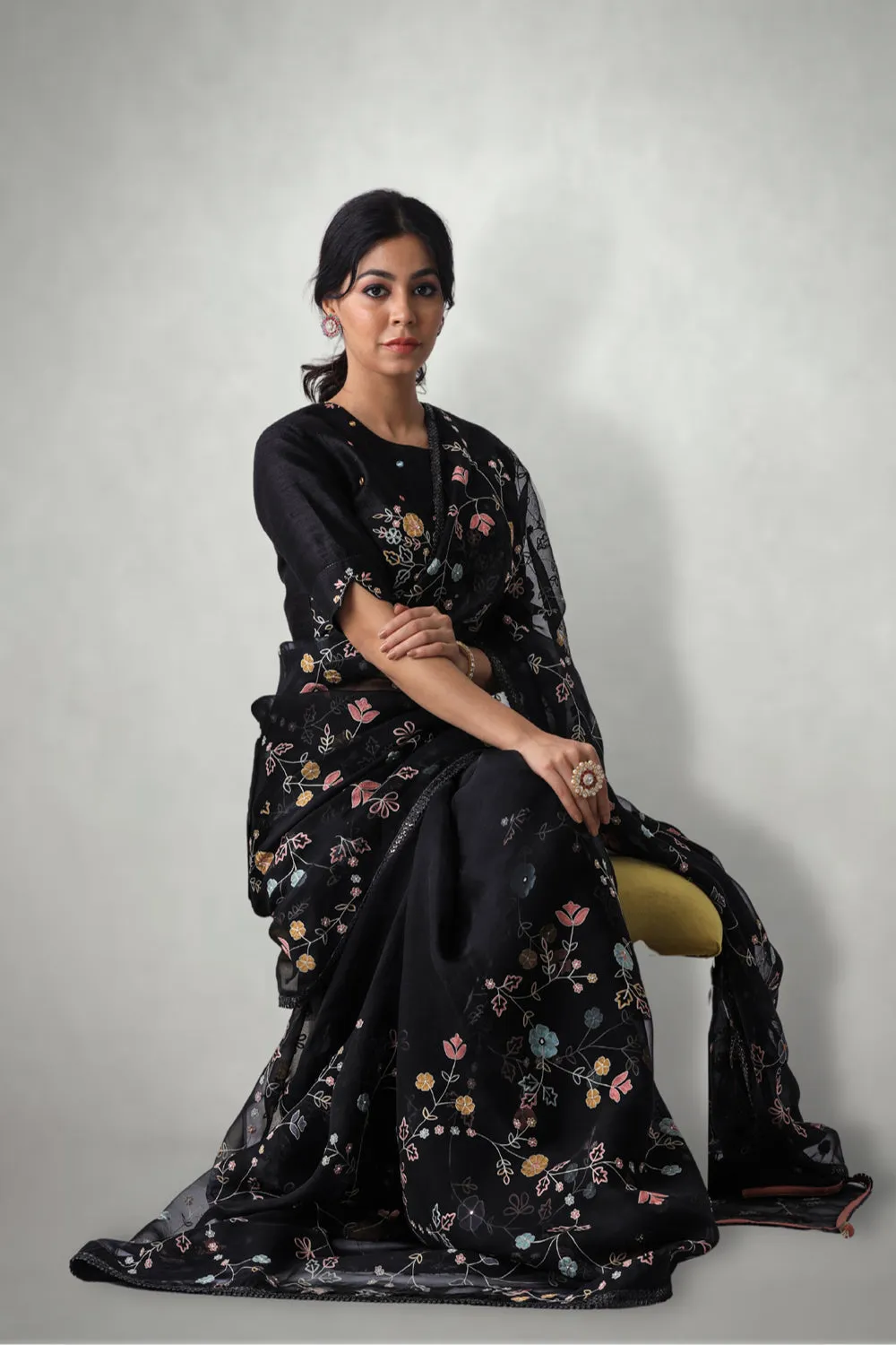 Black  Aari & Mirror Work Saree  Set