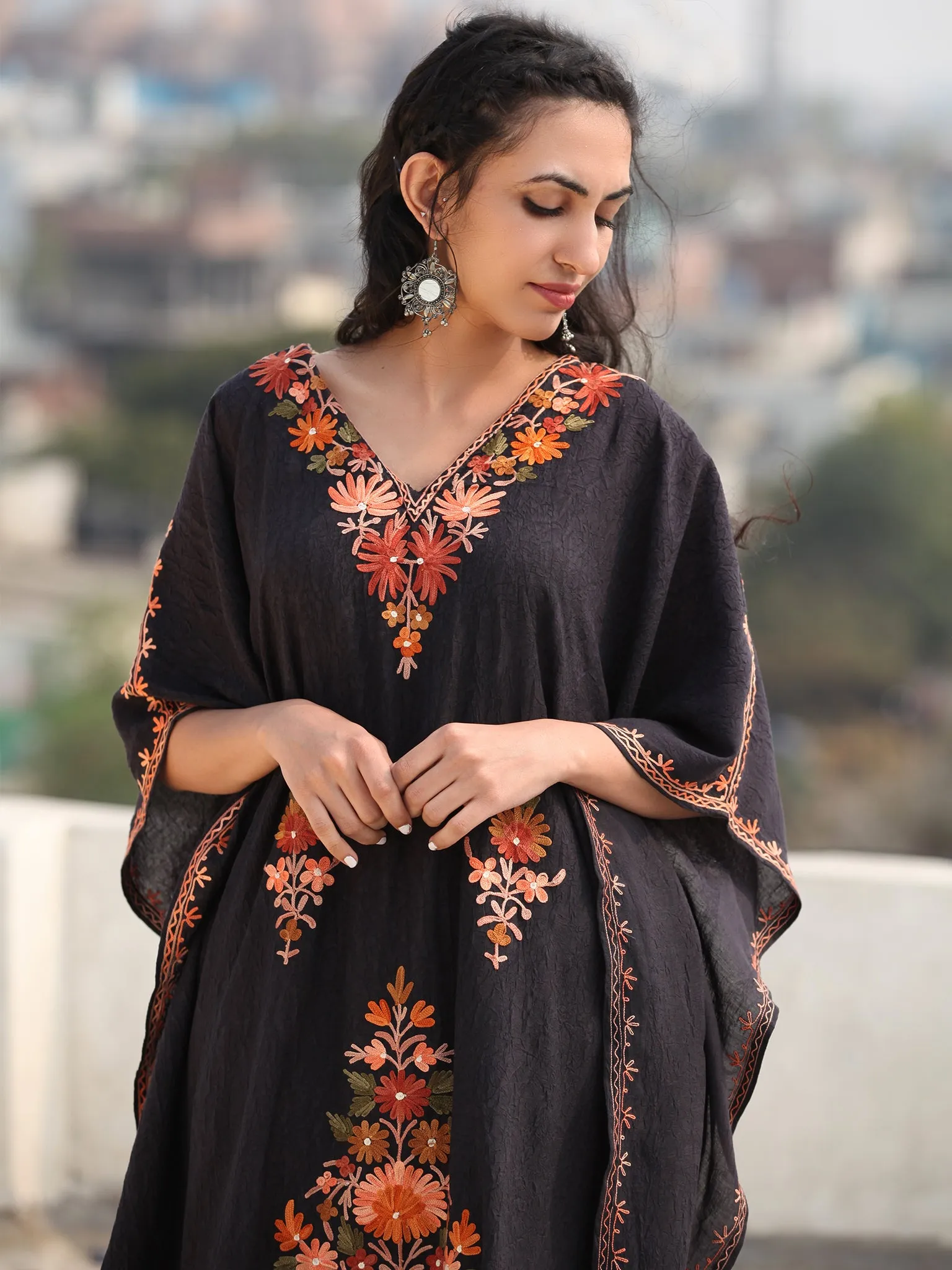 Black Aari Embroidered Kashmere Free Size Kaftan in Crushed Cotton - K11K068