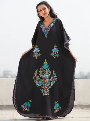 Black Aari Embroidered Kashmere Free Size Kaftan in Crushed Cotton - K11K069