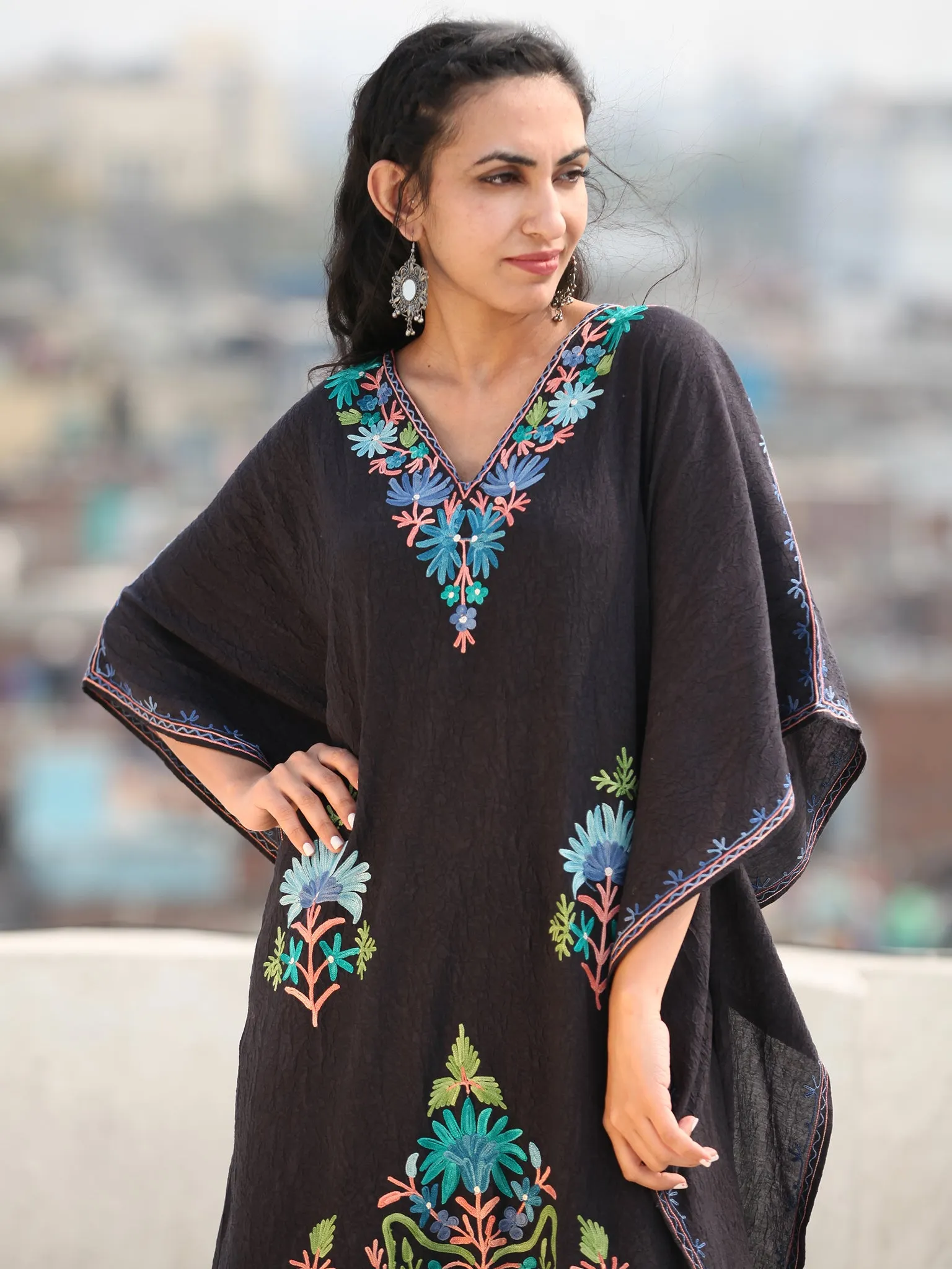 Black Aari Embroidered Kashmere Free Size Kaftan in Crushed Cotton - K11K069