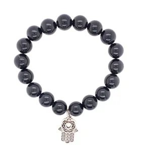 Black Agate Bracelet with Hamsa Charm