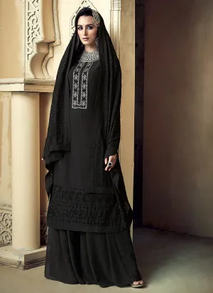 Black Allover Embroidered Designer Sharara Suit