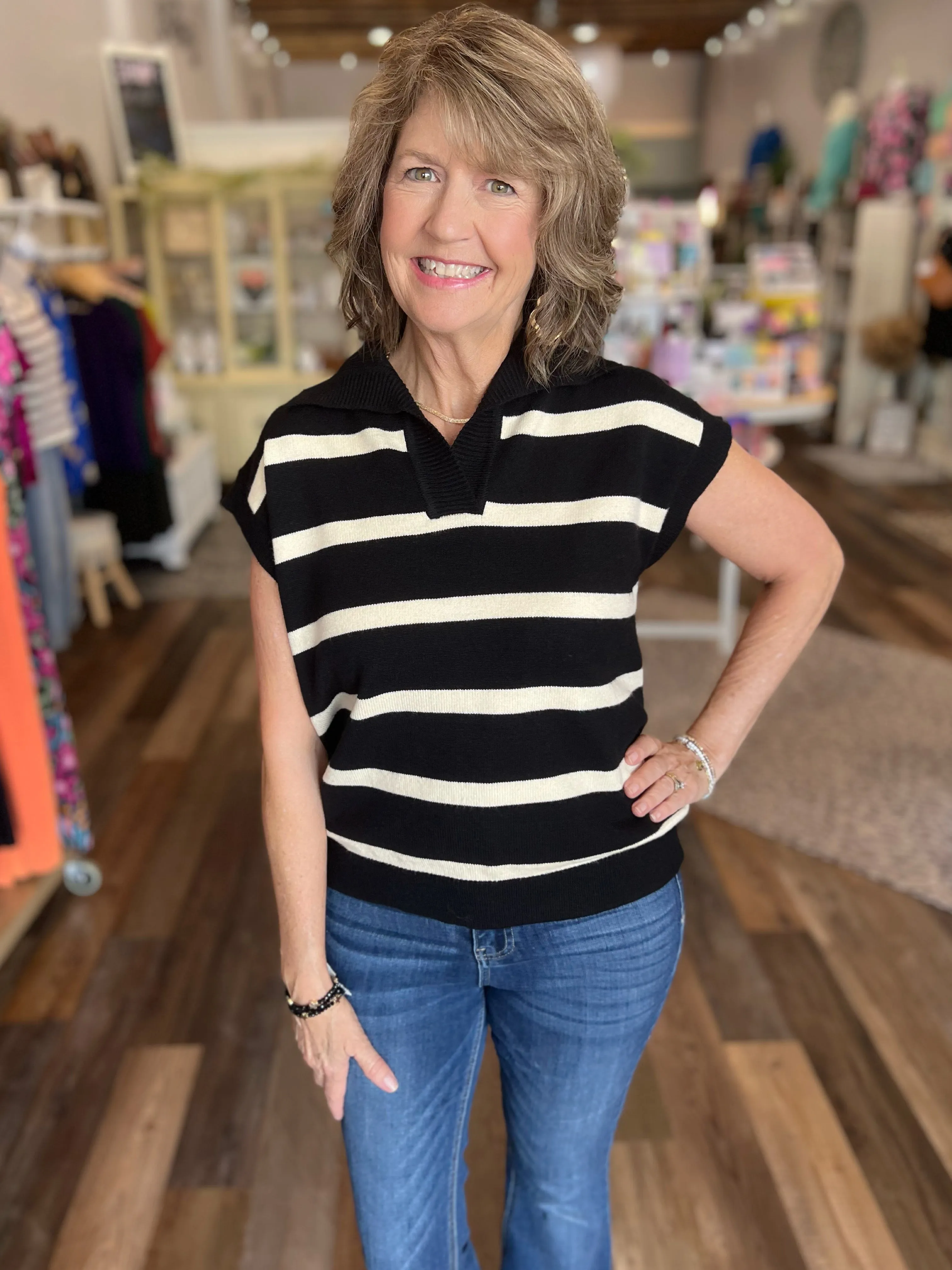 Black & Cream Striped Short Sleeve Sweater Top