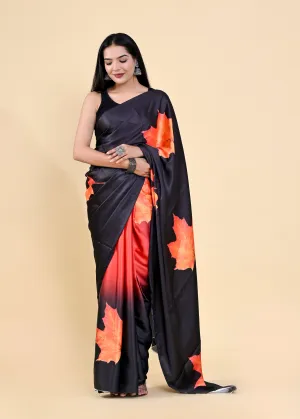 Black & Orange Floral Digital Printed Heavy Satin Silk Saree with Silk Blouse