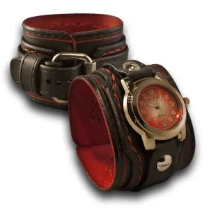 Black & Red Layered Leather Cuff Watch with Red Stitching