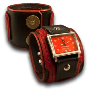 Black & Red Layered Leather Cuff Watch with Snaps