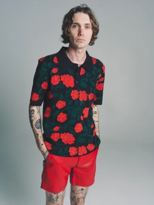 Black & Red Rose Jacquard Polo