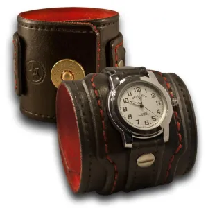 Black & Red Wide Layered Leather Cuff Watch with Snap