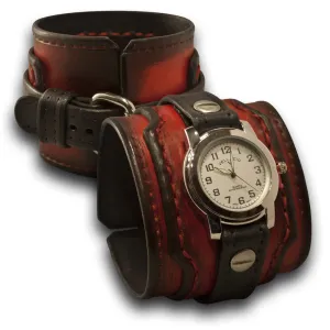 Black & Scarlet Layered Wide Leather Cuff Watch