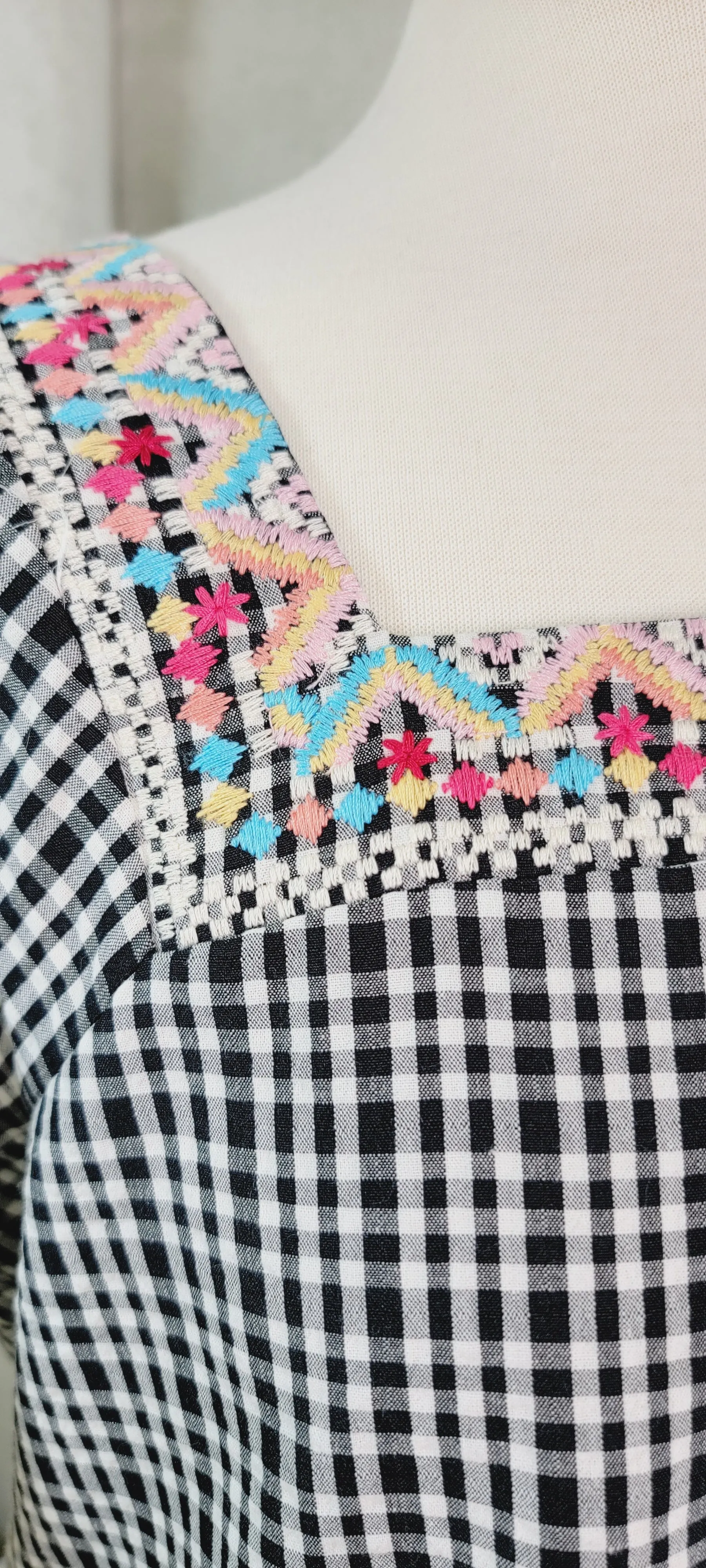 Black & White Check Top W/ Embroidery