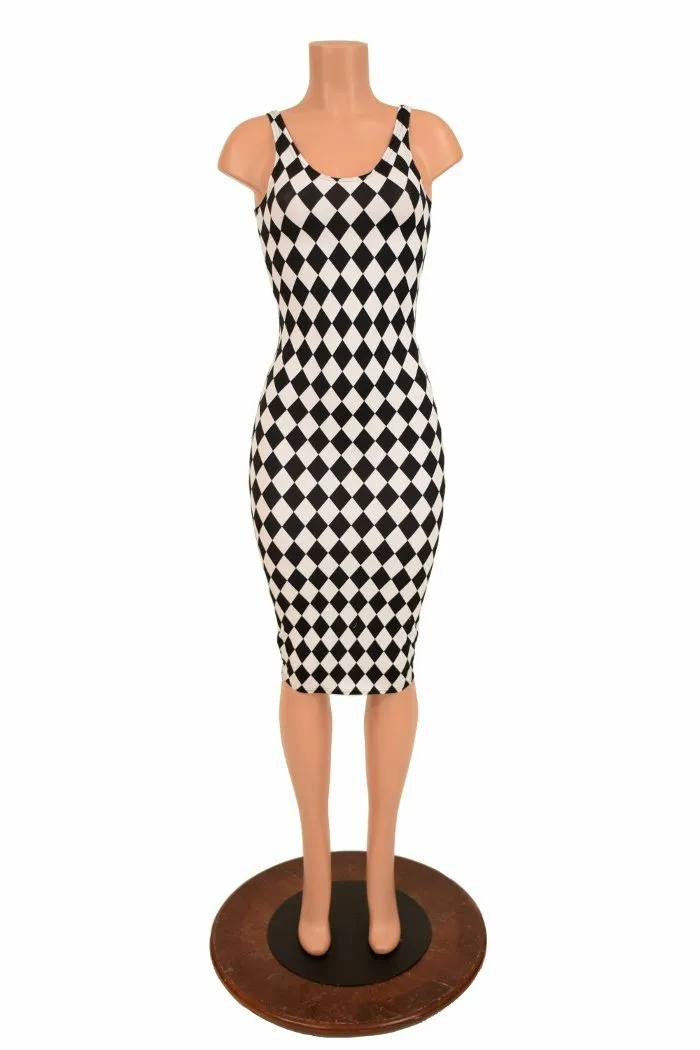 Black & White Diamond Thin Strap Wiggle Dress