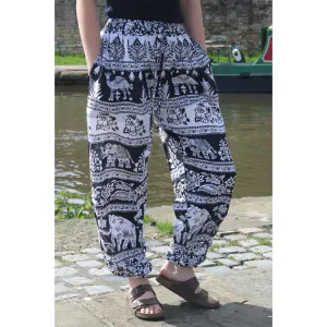 black & white elephant print harem trousers