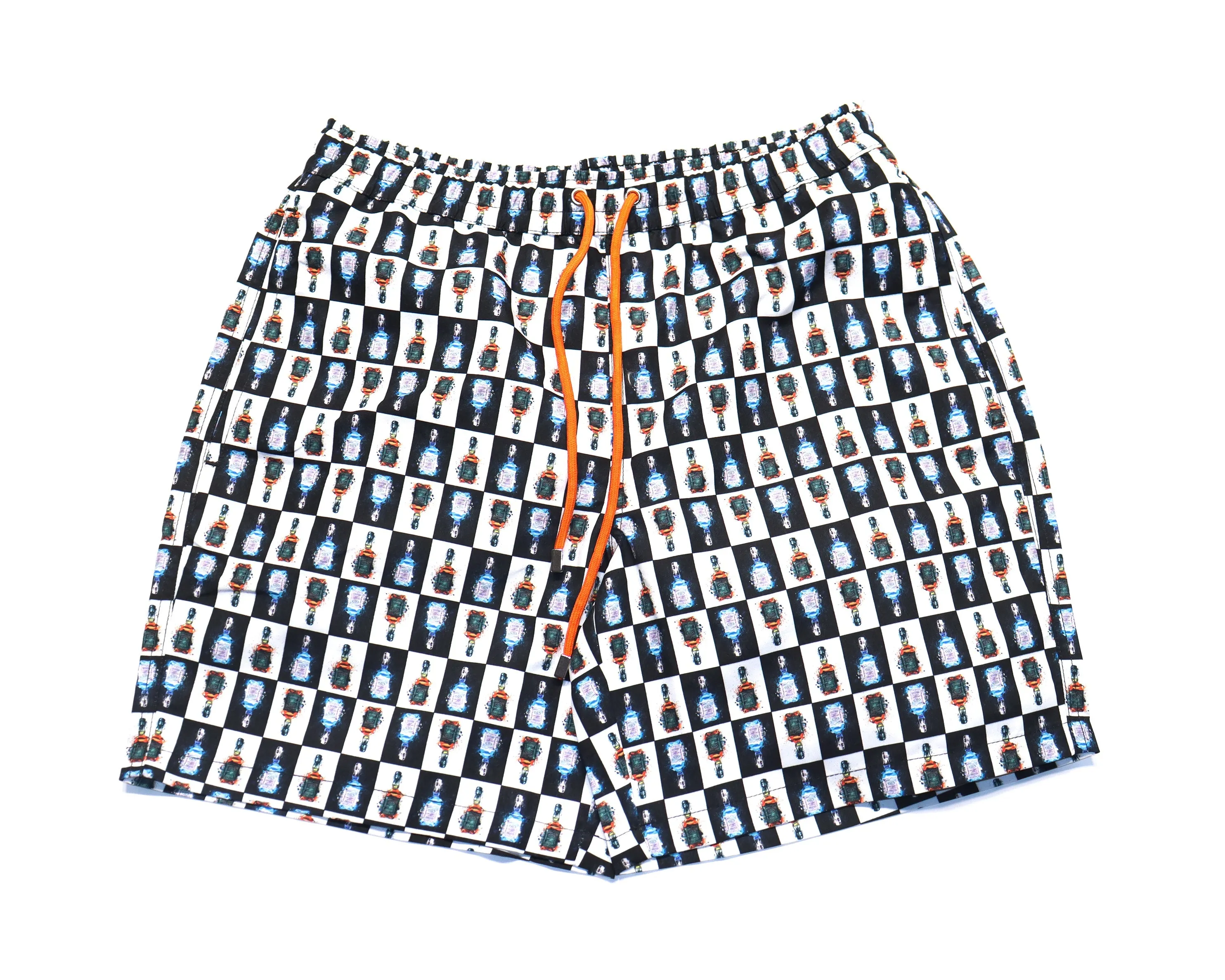 Black & White Whiskey Bottle Swim Trunks