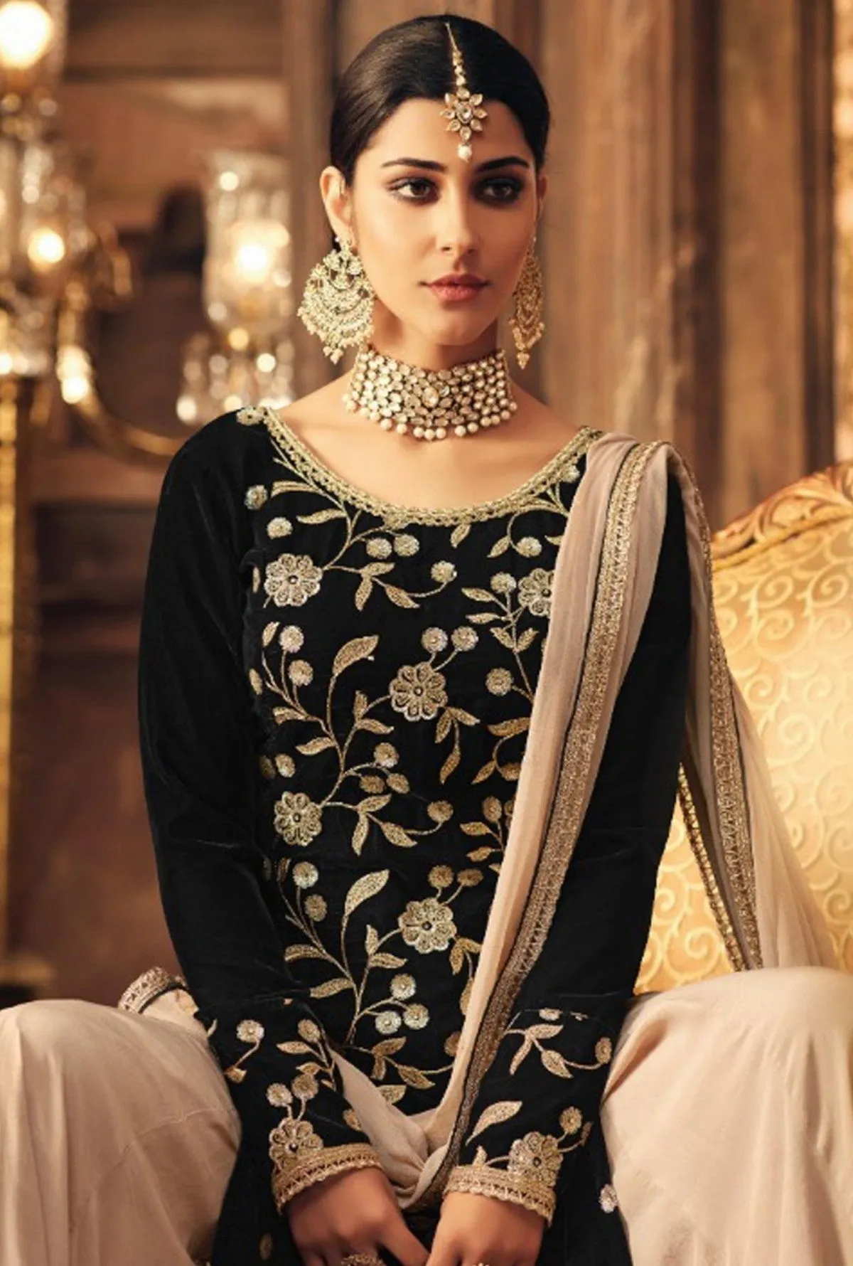 Black And Beige Traditional Embroidered Palazzo Suit