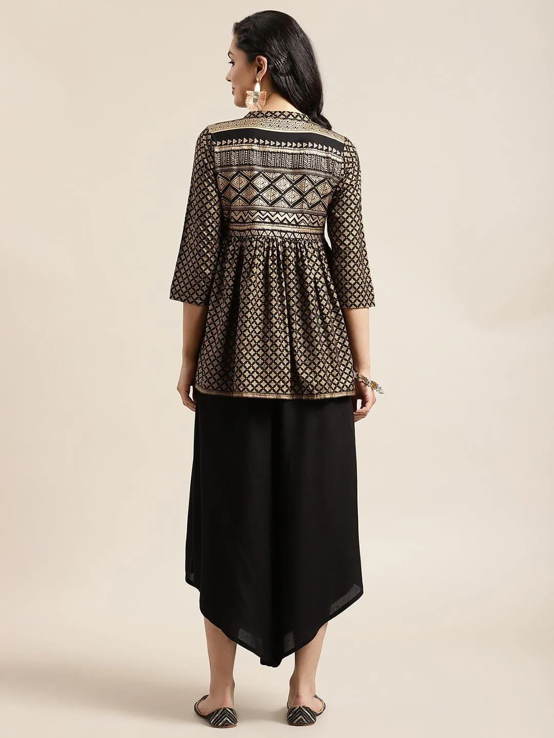 Black And Gold Foil Printed Tunic With Asymmetrical Hemline Palazzo