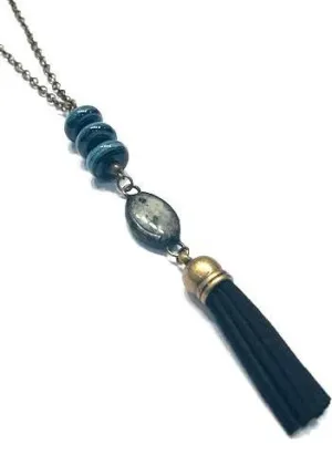 Black And Gray Glass Beaded Tassel Necklace