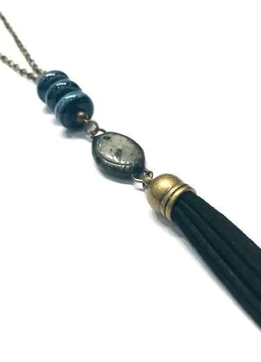 Black And Gray Glass Beaded Tassel Necklace