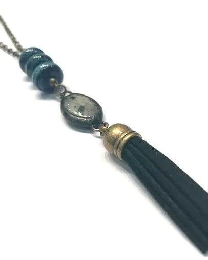 Black And Gray Glass Beaded Tassel Necklace