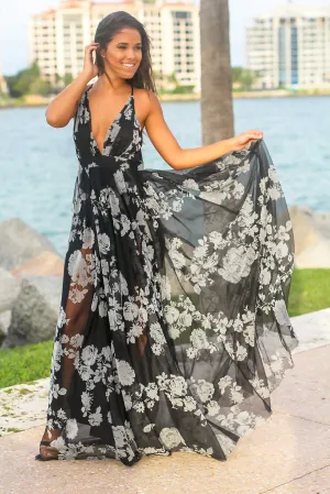 Black and Gray Printed Tulle Maxi Dress with Criss Cross Back