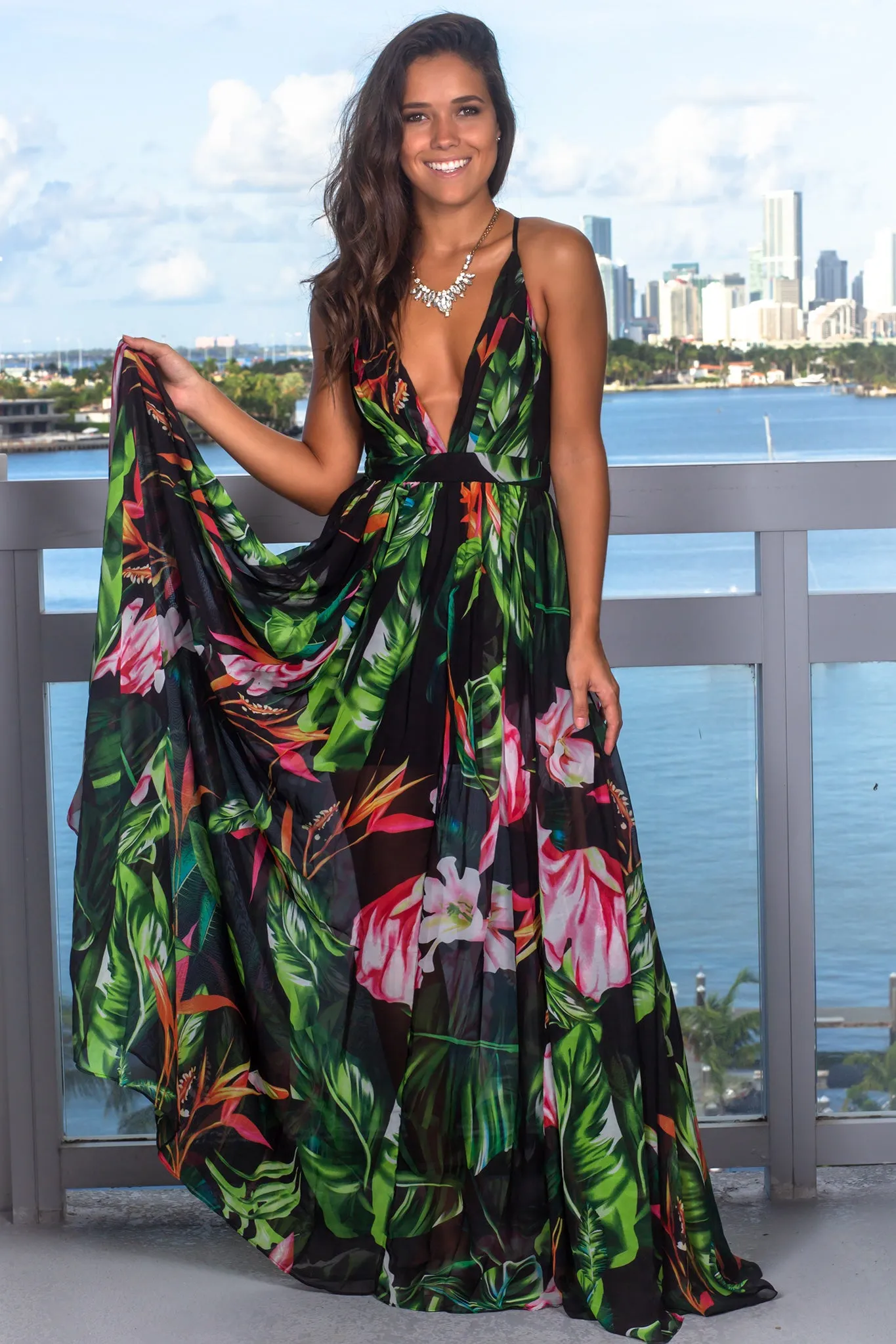 Black and Green Floral Maxi Dress