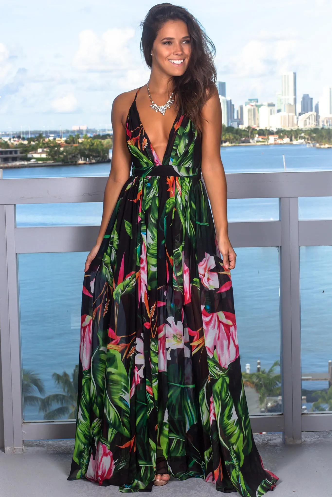 Black and Green Floral Maxi Dress