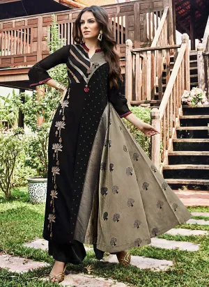 Black And Grey Printed And Embroidered Kurti