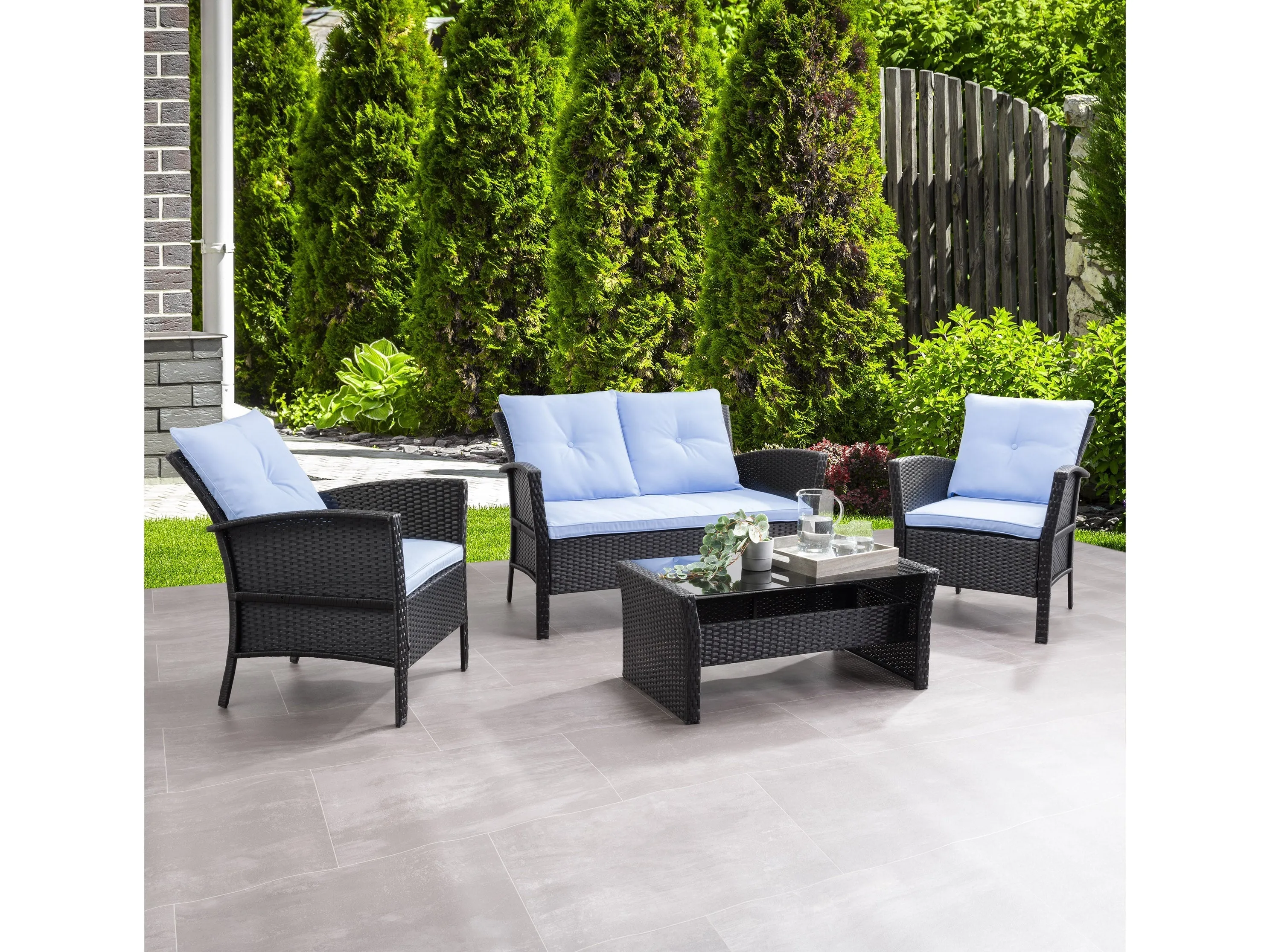 Black and Light Blue Wicker Patio 4pc Set