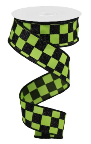 Black and lime green glittered check 1.5”