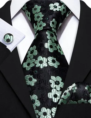 Black and Mint Green Flower Necktie Set-LBW1145