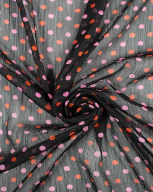 Black And Orange Pink Polka Dots Print Polyester Chiffon Fabric