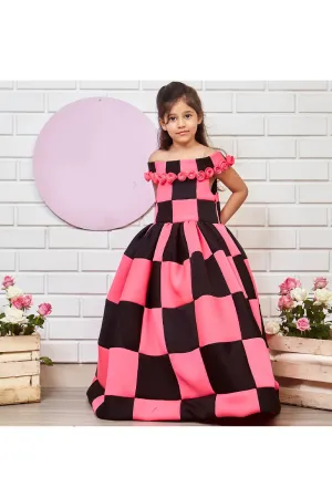 Black And Pink Block Printed Neoprene Off Shoulder Gown