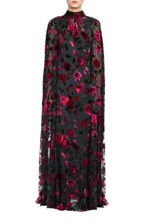 Black and Pink Floral Velvet Devoré Cape Gown