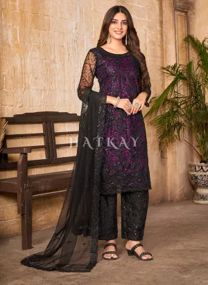 Black And Purple Sequence Embroidered Pant Suit